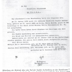 Amtliche Mitteilung über den Tod von Sophie Aschenberg vom 14. Januar 1939
